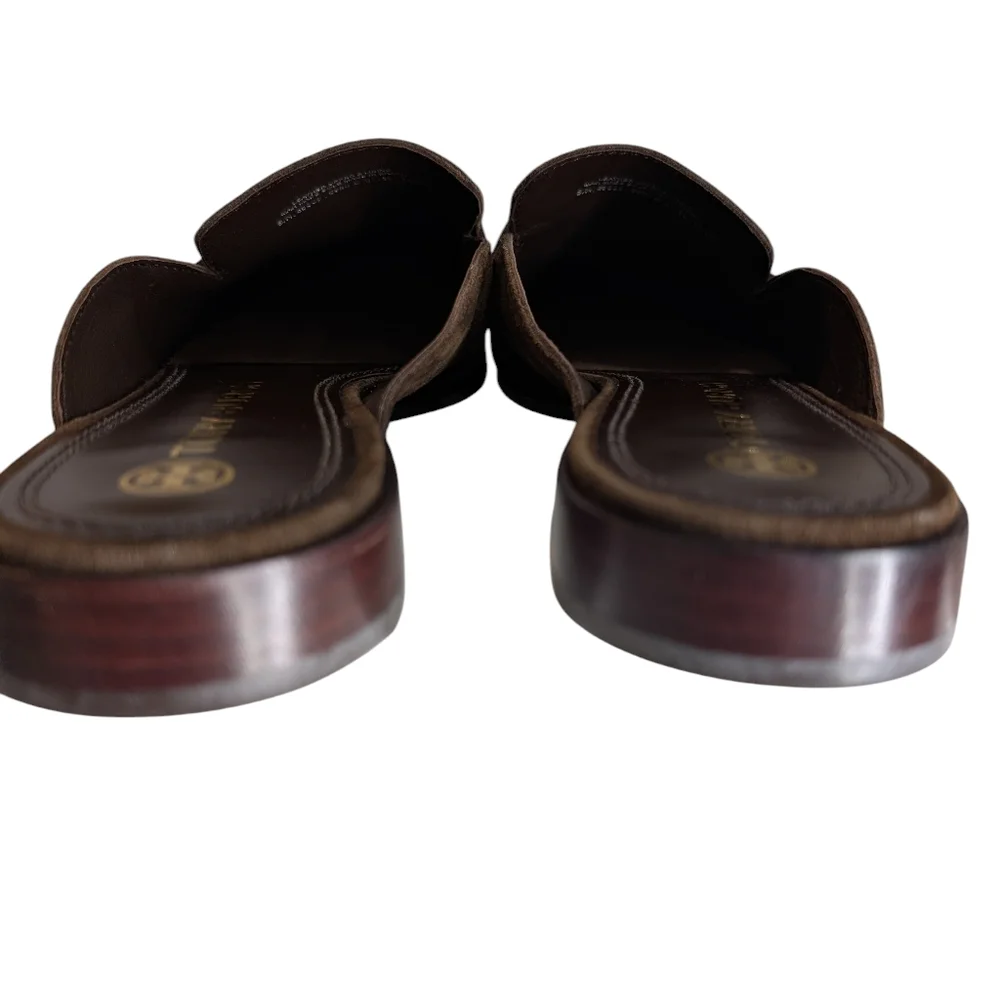 Tory Burch Brown Suede Logo Buckle Mules